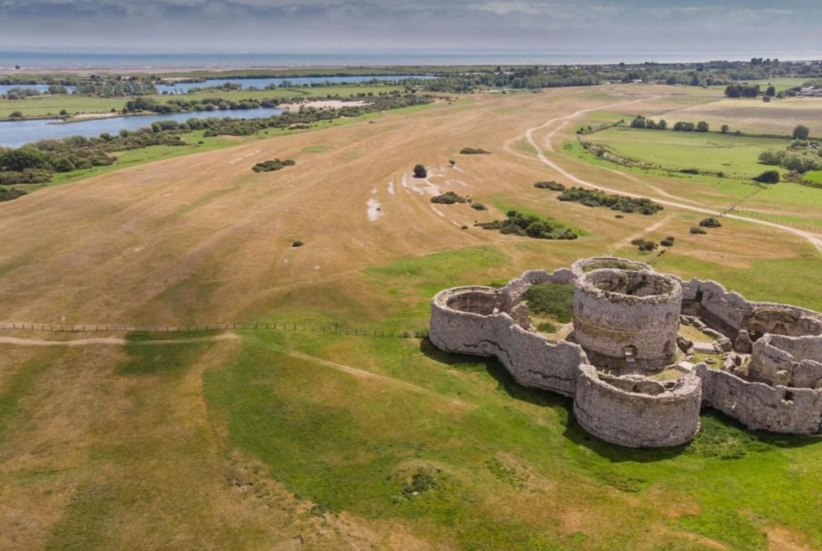 Aerial view of Camber Castle, Henry VIII’s artillery fort, standing alone in the marsh near Rye