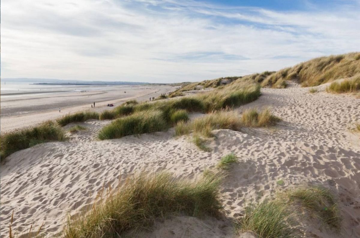 Sand dunes and marram grass at Camber Sands with the sea beyond